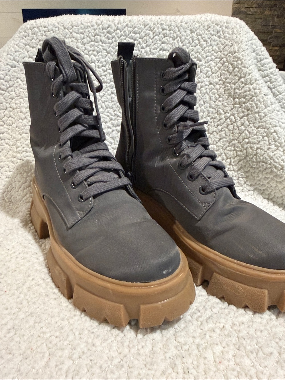 Steve Madden Gray Lace-Up Combat Boots with Tan Platform Soles